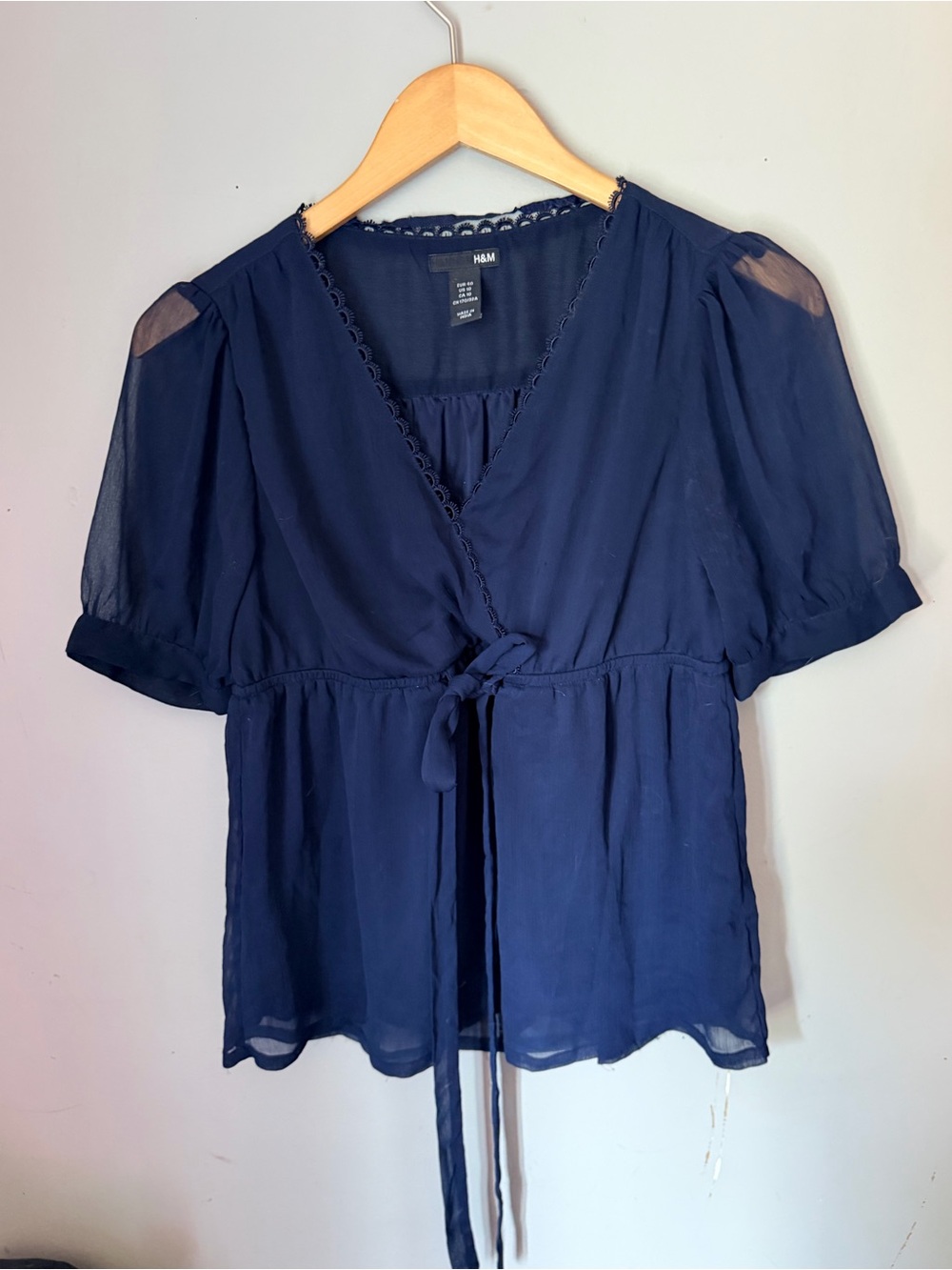 H&M Blouse v-neck lace trim tie front babydoll fairy style